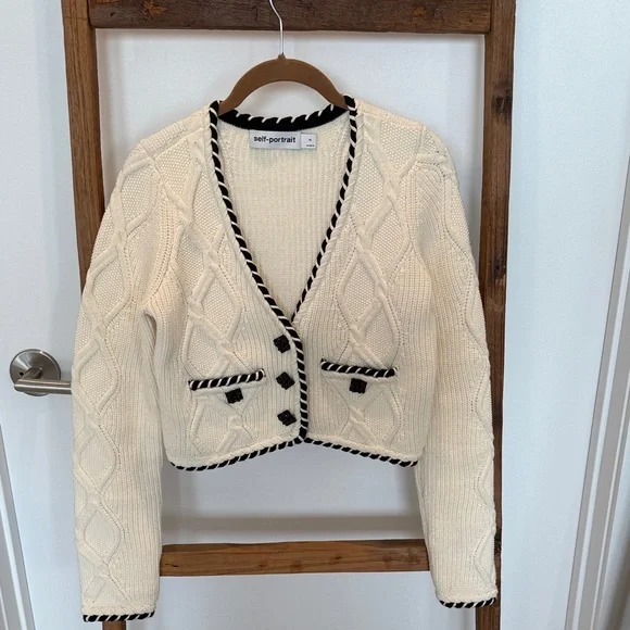 Self-Portrait Ivory Cardigan with Black Accents